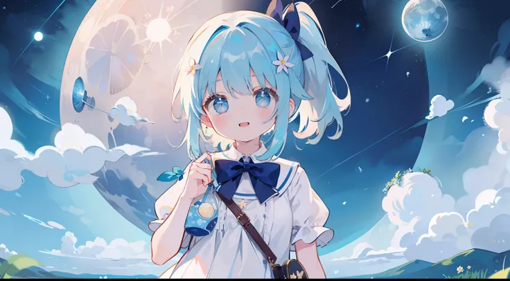 One girl、full bodyesbian、flower field、blue flower、Have a moon、short ponytail、masterpiece、top-quality、Top image quality、cute little、minidress、frilld、bow ribbon、starrysky、Beautiful sky、a smile、elementary student、