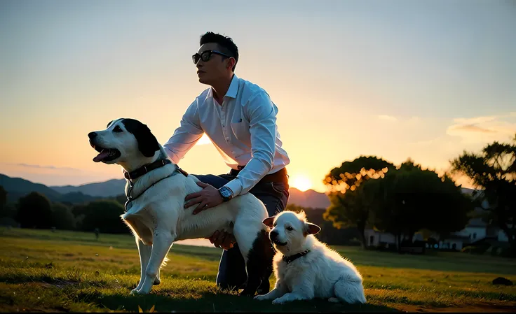 floresta exuberante,The male,Cattle herding babies,solo person, a dog,Sunset,Imagine life,Very handsome like Andy Lau,One meter eight