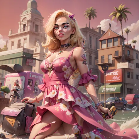 Margot Robbie as Barbie in the Fortnite Game Aesthetics, verstindo um vestido rosa com renda, sapatos de salto alto, segurando uma picareta rosa e uma pistola amarela, peitos pequenos, No hypersexualization, splash art oficial da barbie no fortnite, mapa d...