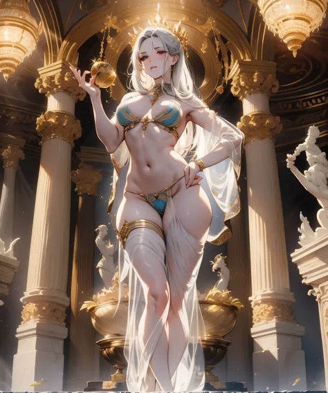 full body, 1 Marble statue of a young girl, front opening, spats (see-through lingerie:1.3), (blushed:1.0), look of contempt,living statue, exposed small breasts, visible pubic hair, view from below, floating antique clock, lamps and lanterns, temple with ...