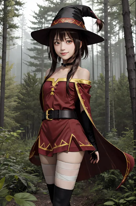 megumin, kono subarashii sekai ni shukufuku wo!, 1girl, solo, standing, looking at viewer, hat, witch hat, brown hair, short hair with long locks, red eyes, blush, evil grin, black choker, collarbone, flat chest, off-shoulder dress, dress, red dress, brown...