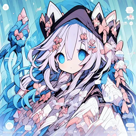 cute anime girl with long white hair and blue eyes wearing a bow，anime catwoman with cat ears and white-haired fox，beautiful whi...