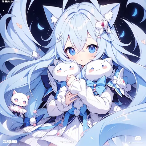 anime girl with long hair, blue eyes, white bow+white cat girl+[adolable、big breasts beautiful、cat ears]+white-haired fox+anime ...