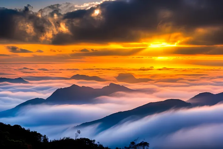 sunraise，yunxia，mountains，real scene、golden、beautiful，large scene，no man，burning clouds，sea of clouds，overlooks，the sea of cloud...