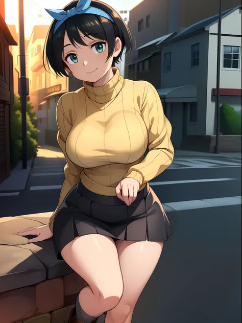 ((((kipteitei art)))), ((highres)),Masterpiece, high quality, best quality, beautiful, perfect lighting, detailed face, ultra cute face, ((1girl)), ((solo), ((((sarashina ruka)))), ((blue hairband)), ((tan turtle neck sweater)), ((black short skirt)), blac...