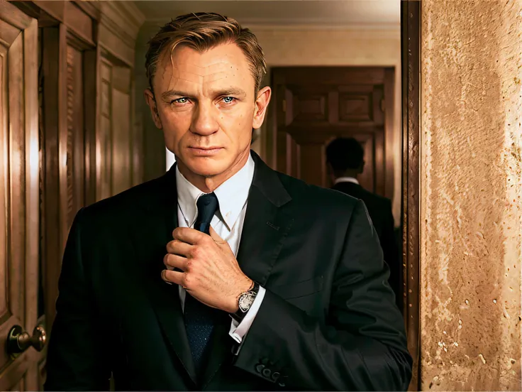 imagem de um homem de smoking ajustando a gravata, ainda foto de james bond, daniel craig, tiago bond, filme ainda de james bond...