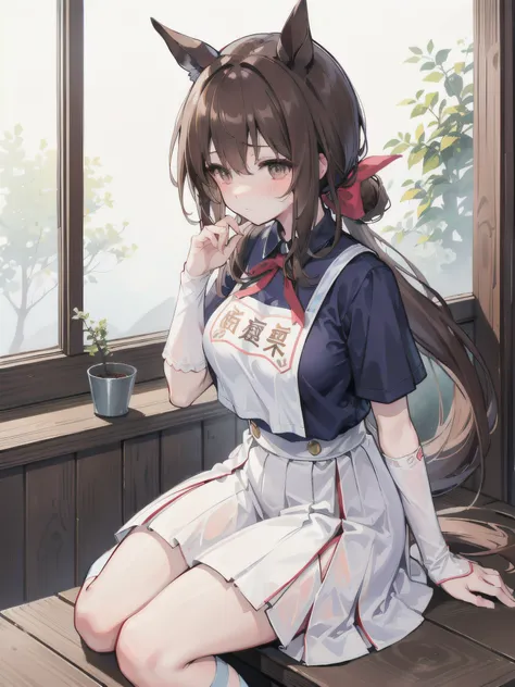 ​masterpiece、top-quality、ultra-detailliert、illustratio、女の子 1 人、tshirts、point of view、optic、Farbe、textured、detaileds、a beauty、Beautiful breasts、Brown hair、(Horse ears on the head)、Low Ponytail、sit in、red blush、feel shy、Uma Musume（Admire Vega）、Turn around、Ov...