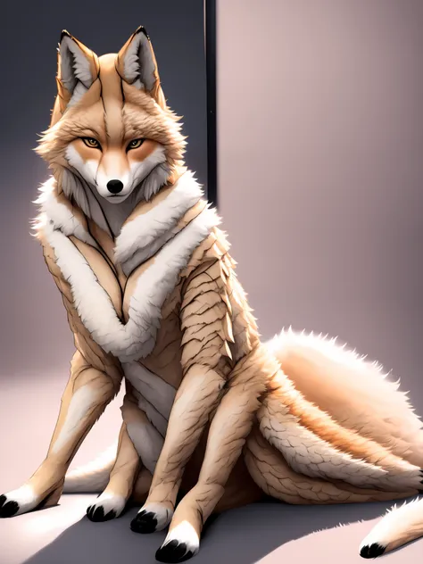 a woman was sitting on the floor，next to it is a furry animal, female anthropomorphic wolf, kitsune-inspired armor, furry fantas...