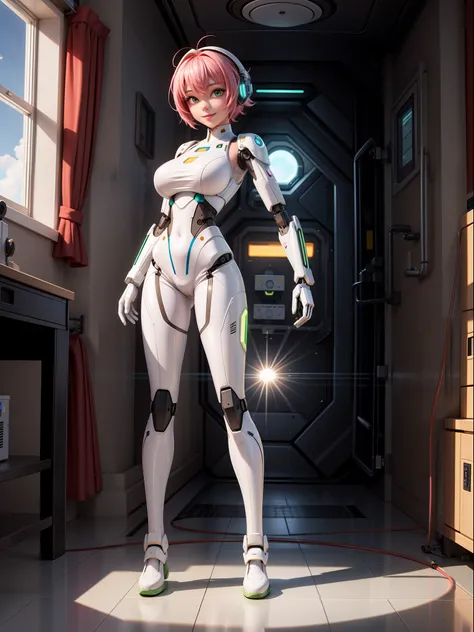 {((1woman))}, only she is {((wearing white mechanical suit with extremely tight and transparent black mechanical parts on her body)), she has ((extremely big breasts)), only she has ((very pink hair short, green eyes)), ((erotic pose)), only she is smiling...