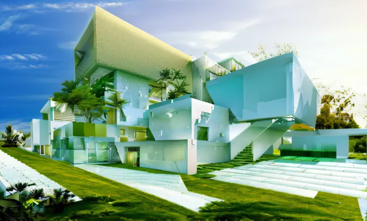 Modern style villa architecture picture, clean sky, clean glass, grass, trees, soft sunlight, (best quality:1.5), architectural photography, photorealistic, ultra realistic, ultra detailed, V-ray
