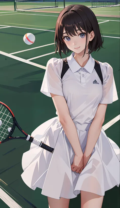 1The girls、Shirts、pleatedskirt、17 age、Bob Hair Style、A smile、A delightful!、japanes、enmaided、Chromo-white skin、Beautiful eyes、(small tits)、Playing tennis、Wimbledon、Wearing white tennis wear、电影灯光、Upper body portrait、