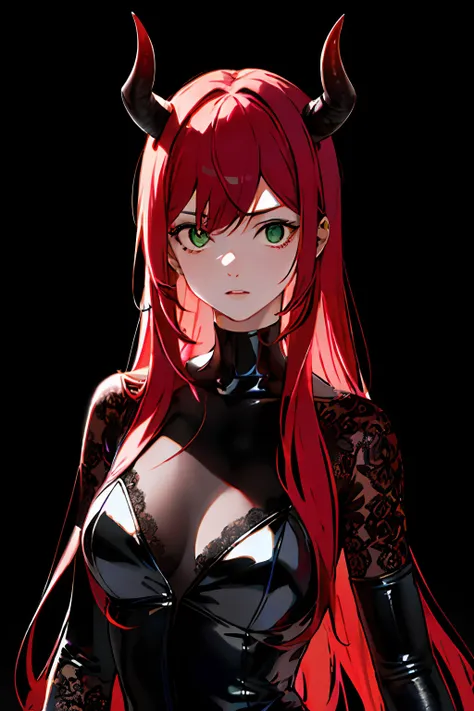absurdres, highres, ultra detailed, (ultra-detailed background, detailed background), extremly detailed, 1girl, melancholy photo of a red haired demon young female with green eyes and black horns, lace catsuit, desaturated colour, inclement emotions, shot ...