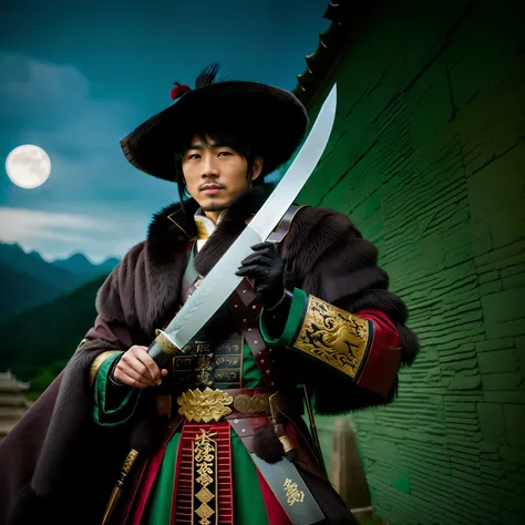 A man dressed in ancient costumes from the Warring States period,Take the Green Dragon Moon Knife,style of anime