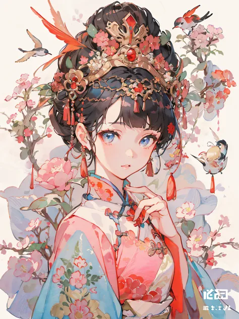 anime girl with oriental hair and red and blue dress, palace ， a girl in hanfu, china princess, guviz, guviz-style artwork, a be...