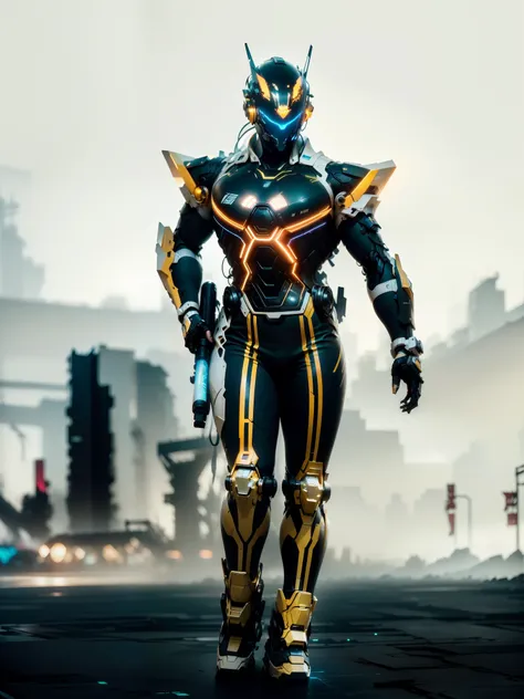 Realiy,photorealestic,Machinary,mechs,Technologie,musculous,glowing light eyes,Burly body,style of photography,Real scenery(Metallic texture 1.8)(Excess detail 2)(High resolution1.6)(4K clarity1.9)(Carbon fiber 1.5)(Metal reflection 1.5),Gun in hand,Neon l...