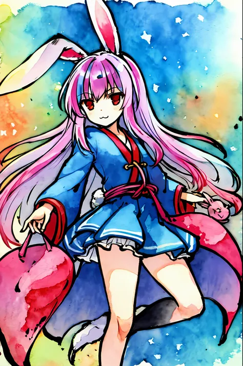 orient, 1girll, ((Suzusen)), ((tmasterpiece,best qualityer)), ink and watercolor painting, red eyes,long whitr hair, Purple colored hair, (blue-shirt: 1.5), (校服: 3.0), Rabbit ears,
