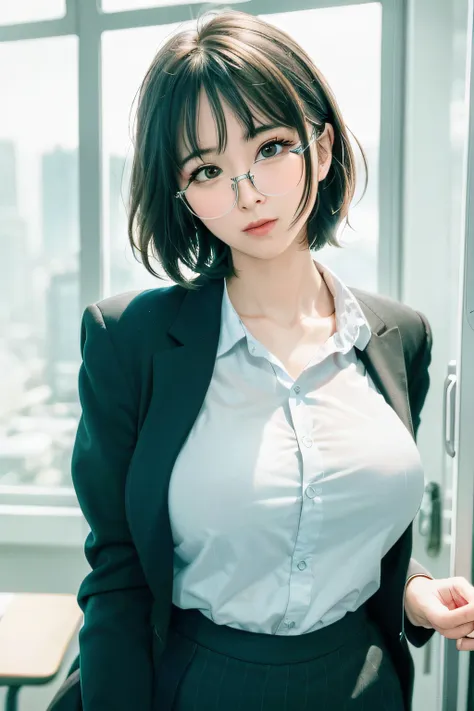 25 years old woman(glasses eyes), milf, ((at classroom)), ((school uniform)), raw photo, (photorealistic:1.37, realistic), highl...