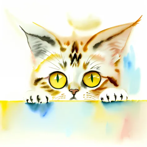 A cat who has been climbing the wall to peek,Watercolor texture