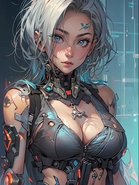 mulher cyberpunk com pele escura e olhos azuis e cabelo castanho curto, vestindo uma blusa branca folgada e um short de banho 8k...