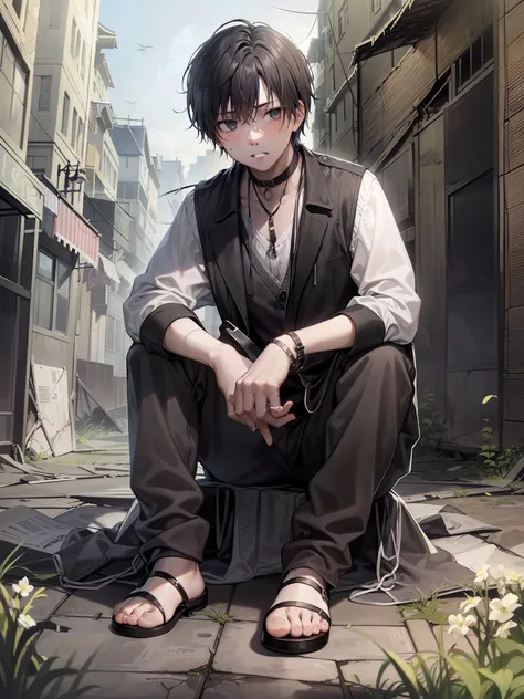 1boy,One has a black color、Boy with harsh black eyes,It seems to reveal profound mysteries。He wore a dark black tattered vest,In stark contrast to his pale skin。His hair is dark black,The white ends of his hair gave him a unique touch to the feel。His teeth...