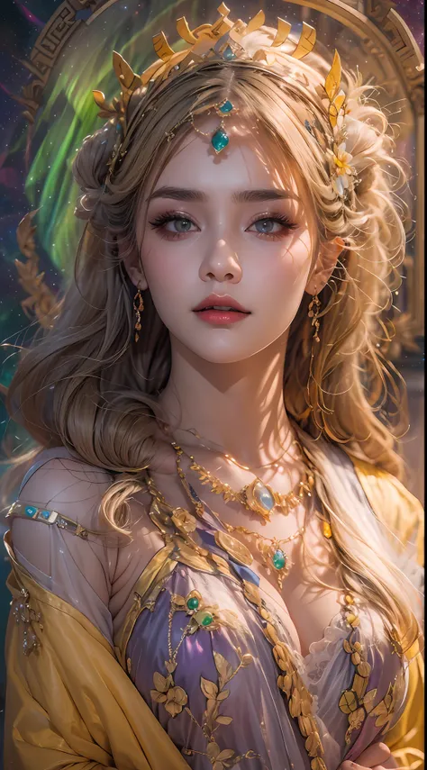 1 young girl 20 years old, 1 saint Athena, pink purple silk dress, beautiful goddess Athenas face without blemishes, sexy thin yellow nightgown, long thin saints nightgown with many evocative black lace details feel, saint goddess legend, saint female icon...