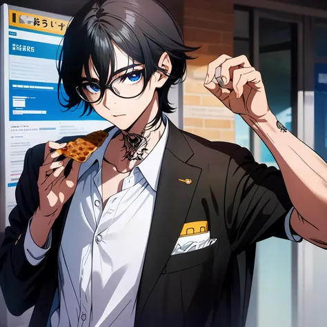 anime style black-haired boy, wears glasses, handsome and cute expression, neck tattoo, eblue eyes, tattooed teenager，eat yakiso...