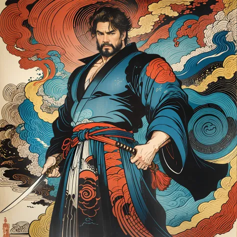 it is a full-body painting with natural colors with katsushika hokusai-style line drawings. the swordsman tom cruise has a big b...