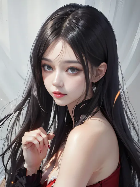 looking from above,((best qualtiy)),((tmasterpiece)),(the detail)1girll,She wore a red dress。Fits the body,It beautifully accentuates its curves。Her skin was as white as ivory,Soft and smooth to the touch。Her hair is straight,Lustrous black。Her long hair r...