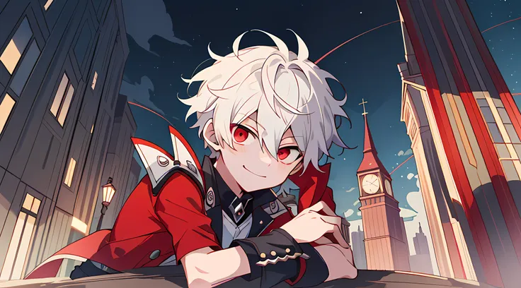 ((masterpiece)),(((best quality))), (high-quality, breathtaking), (expressive eyes, perfect face), 1boy, solo, male, short, young, small boy, short white hair, red eyes, on top of building, night sky, dark, buildings, phantom thief, wear short shorts, smir...