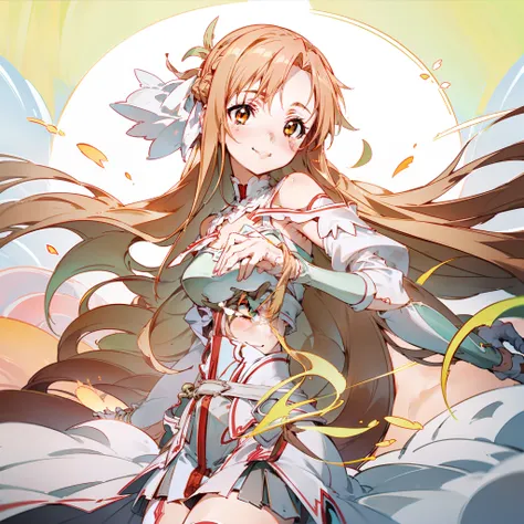 best qualtiy，need，tmasterpiece，very detailed，asuna，asuna，pandas，adolable，ssmile，green color，warmth，orange long hair