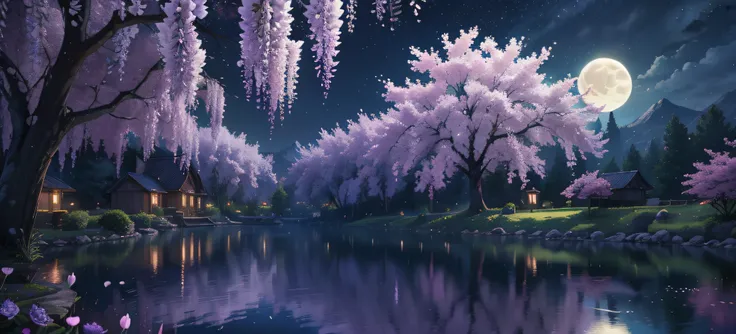 backround, cg, pnon, night, moon, wisteria, cheery blossom, one side is sky and the other is pond, panorama, ray tracing, reflec...