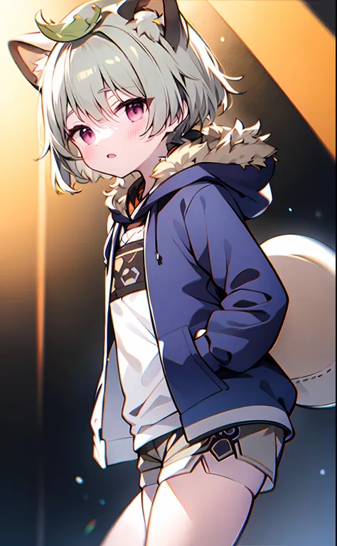 navy blue sleeves,shota,furry,cute,lovely,orange fur,gray hoodie,gray shorts,warm lights,daytime,fantastic shadow sunshine