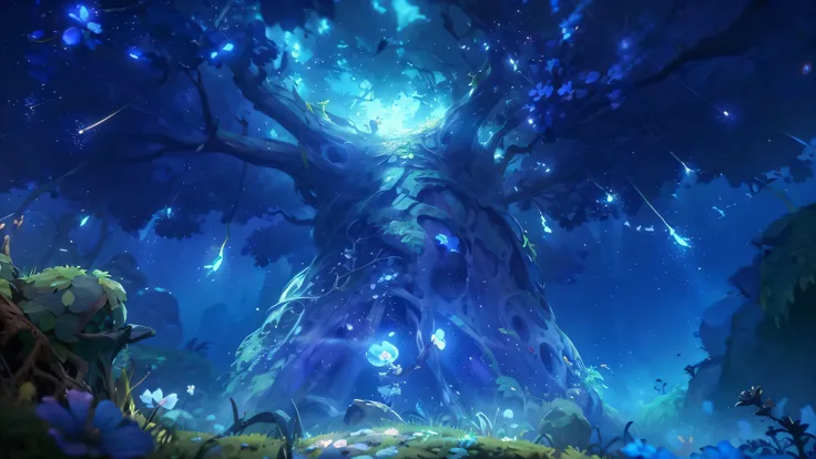 (macro)(look up), there are scenes in the dark forest of magic ori(cosmic tree+fantasy tree+fantasy branches+fantasy vegetation+...