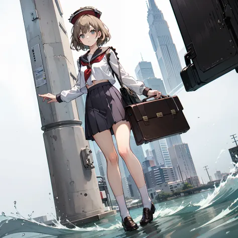 description of a short-haired young woman holding a briefcase, 1 girl, solo, lyrica prism river, school uniform, just flat, skir...