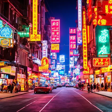 alafid view of busy city streets at night，large visual space，big view，lots of big neon signs, neon signs in background,bustling ...