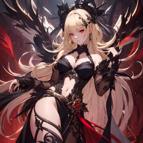 masterpiece, best quality, 1woman, adult, female focus, solo, light blonde hair, long hair, vibrant red eyes, looking at viewer, closed mouth, bangs, Fantasy aesthetics, Highly detailed, shadowverse style, epic exquisite character art, beautiful elegant, ...