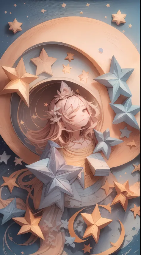 illustration: 1.3), paper art, 3D rendering of, Colorful background, (cute female child: 1.3), (Masterpiece star: 1.2) (Masterpiece Moon: 1.2), Colorful, Best quality, Detailed details, Masterpiece, offcial art, movie light effect, 4K, Chiaroscuro , Flash