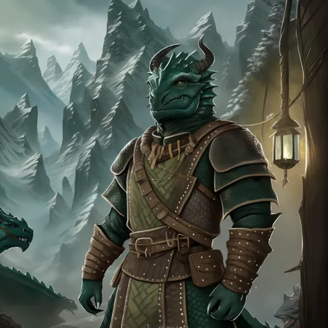 (one dark green grey adventuring dragonborn:1.5), ((deep shadows)), (((stoic expression))), (epic:1.5), (wearing ragged mongolia...