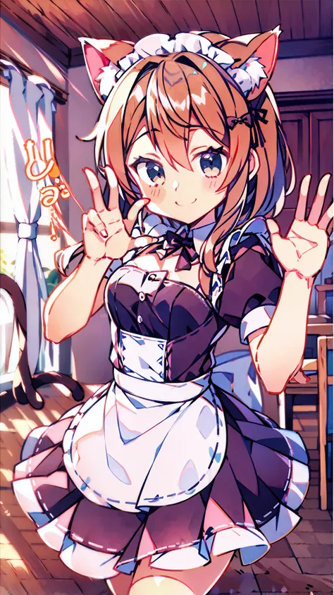 a childhood friend with cat ears who invades the house as a matter of course is wearing a maid outfit。greeting pose、transcendent...