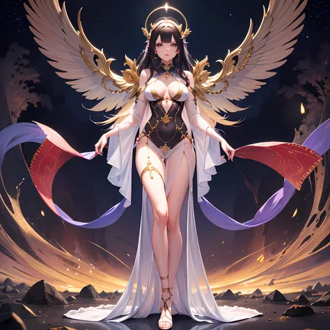 Masterpiece, a beautiful void goddess, gorgeous clothes on gold pattern, full body white transparent bikini standing under empty night stars, disappeared transparent pants, full body standing, tall figure, slender legs, facial details, detailed body part d...