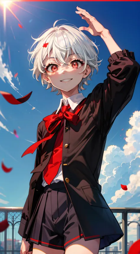 (high-quality, breathtaking),(expressive eyes, perfect face), short, young boy, short white hair, red eyes, smiling, black schoo...