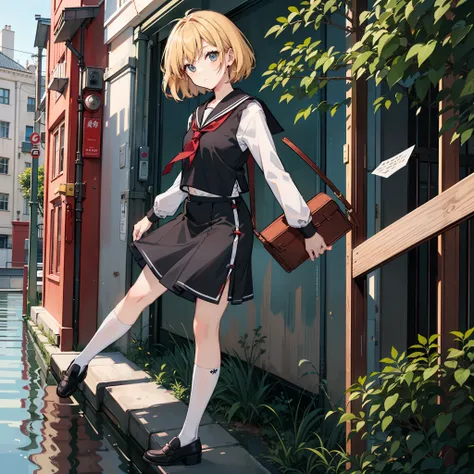 description of a short-haired young woman holding a briefcase, 1 girl, solo, merlin prism river, school uniform, just flat, skir...