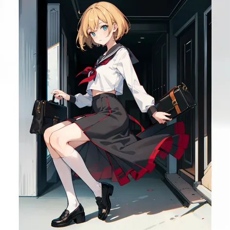 description of a short-haired young woman holding a briefcase, 1 girl, solo, merlin prism river, school uniform, just flat, skir...