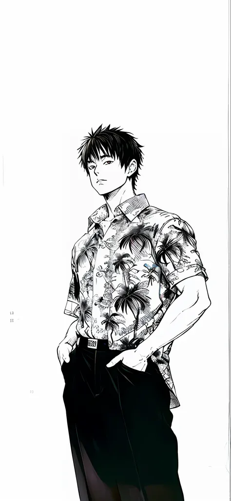 one in a shirt、painting of a man with pants and tie, kentaro miura manga style, manga style of kentaro miura, kentaro miura mang...