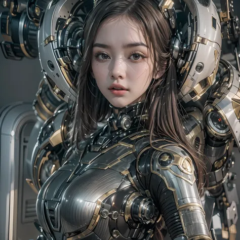 1girll，big eyes，perfect facial features，with a mecha helmet，mechs，photorealsitic，metallic，eyes looking at the lens，lips slightly...