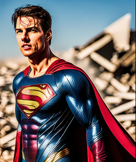 photo of tom cruise is superman , superhero, upper body,cinematic, movie, grain movie (2023s)1boy, building destroyed , realisti...