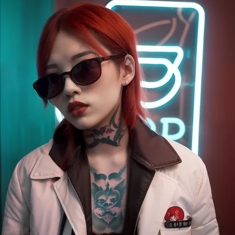 dslr photo, cool korean woman with high contrast tattoos, smoking a white tailor made cigarette and wearing a red jacket, white ...