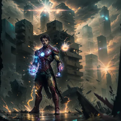 iron man，karo，superhero pose，standing in a ruined city at sunset，ultra - detailed，smog，spark of light，rays of sunshine，(8k)，real...