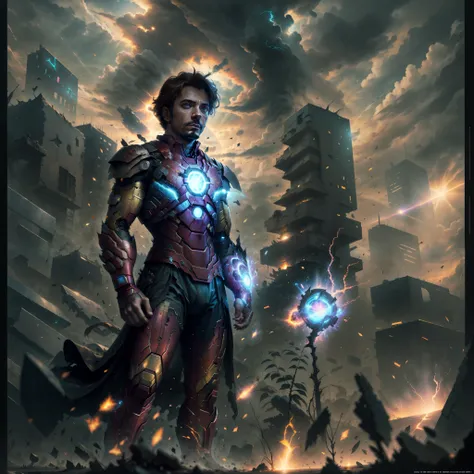 iron man，karo，superhero pose，standing in a ruined city at sunset，ultra - detailed，smog，spark of light，rays of sunshine，(8k)，real...