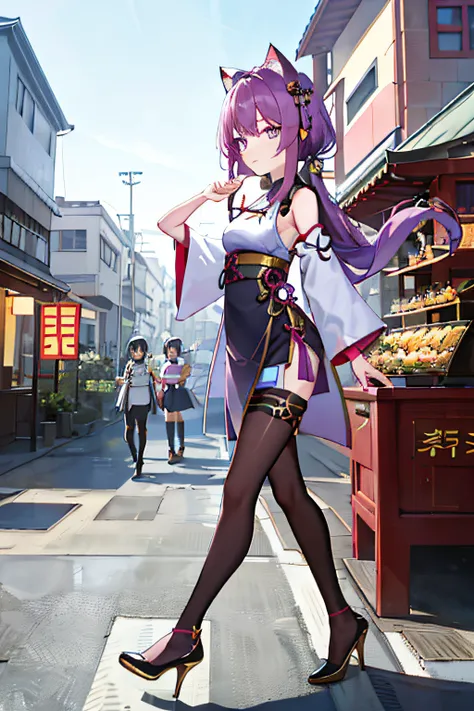 16k,HD,Long purple hair,Cat ears,Purple jewel colored eyes,15year old,Thin stature,Height 170cm,Dark purple bandeau evening dress with gold stripes(Chinese dress),Black tights(The left thigh is decorated with gold patterns),Bare shoulders,Small purple high...